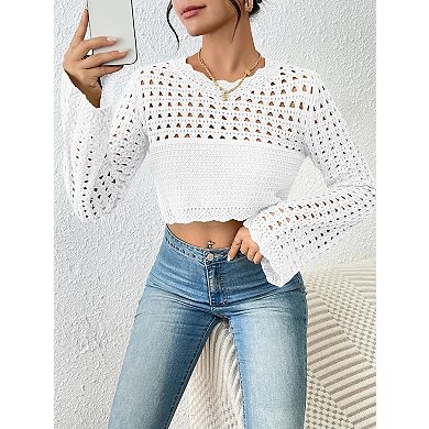 Women's Crochet Hollow Out Crop Top Long Bell Sleeve Boho Sweater