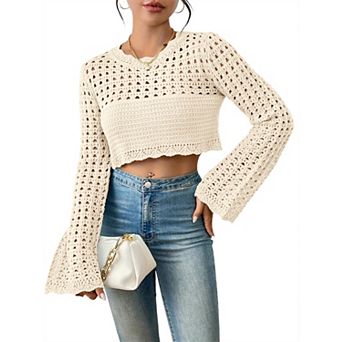 Women's Crochet Hollow Out Crop Top Long Bell Sleeve Boho Sweater