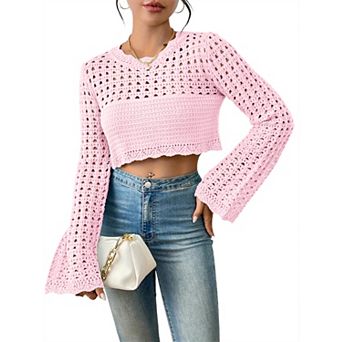 Women's Crochet Hollow Out Crop Top Long Bell Sleeve Boho Sweater