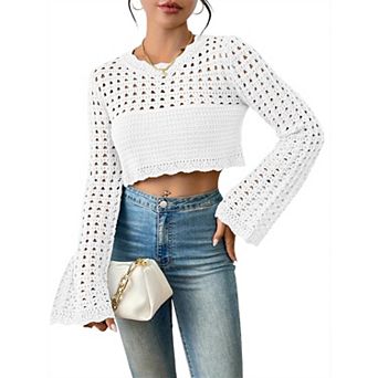 Women's Crochet Hollow Out Crop Top Long Bell Sleeve Boho Sweater
