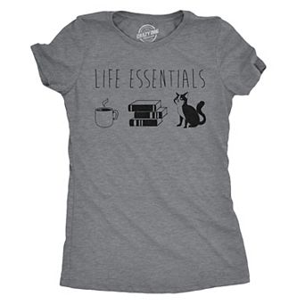 Womens Life Essentials T shirt Funny Coffee Cat Mom Lover Cute Graphic Ladies