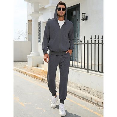 Men's Hooded Zip Up Sport Set with Pockets and Waist Tie