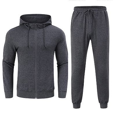 Men's Hooded Zip Up Sport Set with Pockets and Waist Tie
