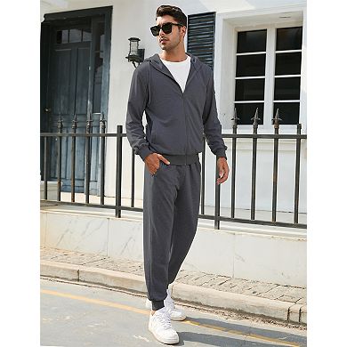 Men's Hooded Zip Up Sport Set with Pockets and Waist Tie