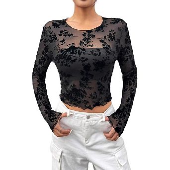 Women’s Floral Mesh Crop Tops Lace Round Neck Long Sleeve Blouse T-Shirt