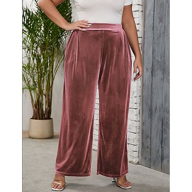 Women's Plus Size Elastic Waist Long Pants with Side Pockets Wide Leg