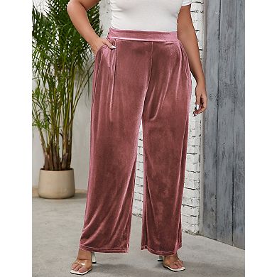 Women's Plus Size Elastic Waist Long Pants with Side Pockets Wide Leg