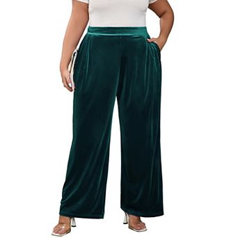 Women's Plus Size Elastic Waist Long Pants with Side Pockets Wide Leg