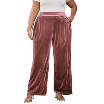 Women's Plus Size Elastic Waist Long Pants with Side Pockets Wide Leg