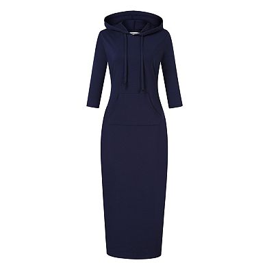 Women's Casual 3/4 Sleeve Pocket Slim Pullover Maxi Hoodie Dress Sweatshirt Dresses