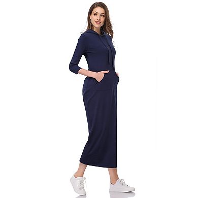 Women's Casual 3/4 Sleeve Pocket Slim Pullover Maxi Hoodie Dress Sweatshirt Dresses
