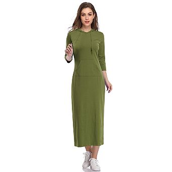 Women's Casual 3/4 Sleeve Pocket Slim Pullover Maxi Hoodie Dress Sweatshirt Dresses