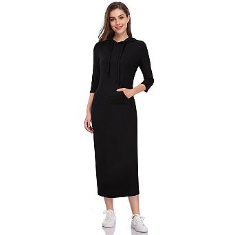 Women's Casual 3/4 Sleeve Pocket Slim Pullover Maxi Hoodie Dress Sweatshirt Dresses