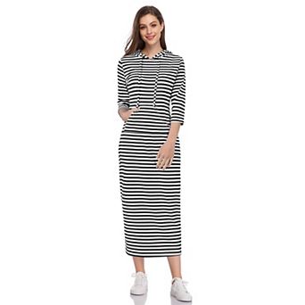 Women's Casual 3/4 Sleeve Pocket Slim Pullover Maxi Hoodie Dress Sweatshirt Dresses