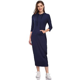 Women's Casual 3/4 Sleeve Pocket Slim Pullover Maxi Hoodie Dress Sweatshirt Dresses