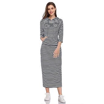 Women's Casual 3/4 Sleeve Pocket Slim Pullover Maxi Hoodie Dress Sweatshirt Dresses