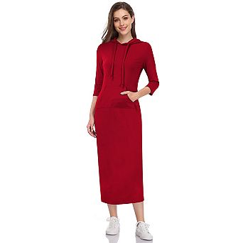 Women's Casual 3/4 Sleeve Pocket Slim Pullover Maxi Hoodie Dress Sweatshirt Dresses
