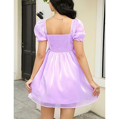 Women's Square Neck Puff Sleeve Puffy Babydoll Mesh Mini Dress