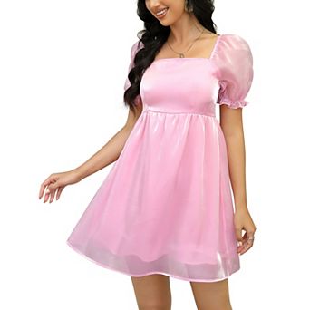Women's Square Neck Puff Sleeve Puffy Babydoll Mesh Mini Dress