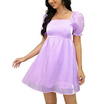 Women's Square Neck Puff Sleeve Puffy Babydoll Mesh Mini Dress