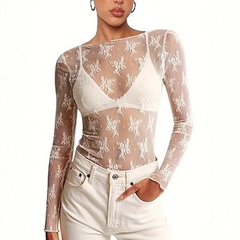 Women’s Sheer Lace Long Sleeve Top Floral Mesh See Through Crew Neck Y2K Layering Blouse