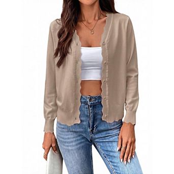Women's V Neck Long Sleeve Lightweight Knit Cardigan with Button Closure