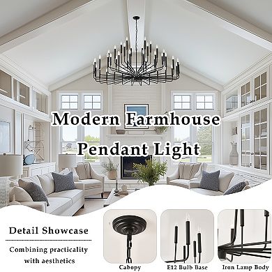 59-Inch Black Iron 42-Light Modern Farmhouse Candle Chandelier With Adjustable Chain