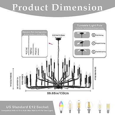 59-Inch Black Iron 42-Light Modern Farmhouse Candle Chandelier With Adjustable Chain
