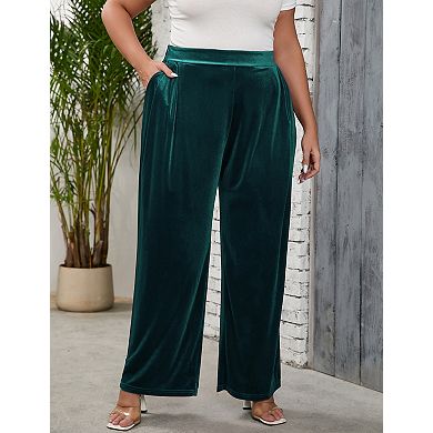 Women's Plus Size Long Pants Elastic Waist Wide Leg with Side Pockets
