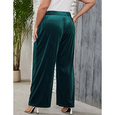 Women's Plus Size Long Pants Elastic Waist Wide Leg with Side Pockets
