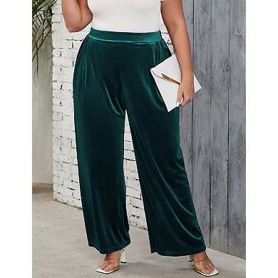 Women's Plus Size Long Pants Elastic Waist Wide Leg with Side Pockets