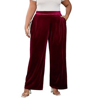 Women's Plus Size Long Pants Elastic Waist Wide Leg with Side Pockets