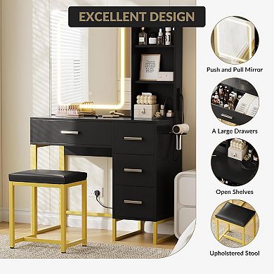 ZH-09 Wood Vanity Desk: Sliding Lighted Mirror, Charging Station, 4 Drawers & Stool