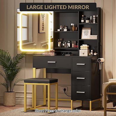 ZH-09 Wood Vanity Desk: Sliding Lighted Mirror, Charging Station, 4 Drawers & Stool