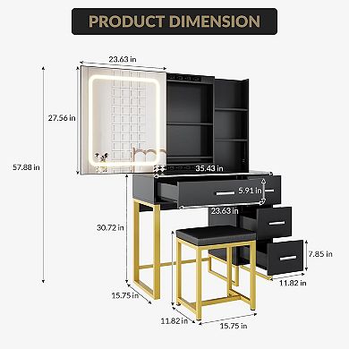 ZH-09 Wood Vanity Desk: Sliding Lighted Mirror, Charging Station, 4 Drawers & Stool