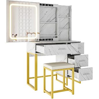 ZH-09 Wood Vanity Desk: Sliding Lighted Mirror, Charging Station, 4 Drawers & Stool