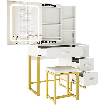 ZH-09 Wood Vanity Desk: Sliding Lighted Mirror, Charging Station, 4 Drawers & Stool