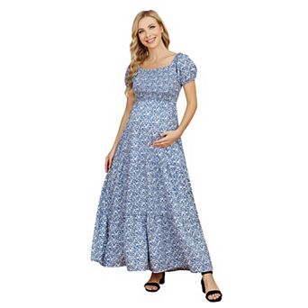 Women's Maternity Short Sleeve Square Neck Printed Midi Dress