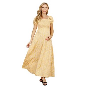 Women's Maternity Short Sleeve Square Neck Printed Midi Dress