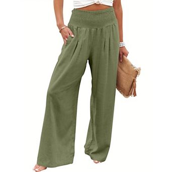 Women's High Waist Wide Leg Linen Palazzo Pants Summer Boho Casual Lounge Beach Travel Outfits