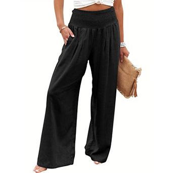 Women's High Waist Wide Leg Linen Palazzo Pants Summer Boho Casual Lounge Beach Travel Outfits