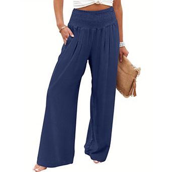 Women's High Waist Wide Leg Linen Palazzo Pants Summer Boho Casual Lounge Beach Travel Outfits