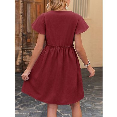 Women's Button Front Short Sleeve V Neck Dress Flowy Ruffle Hem Casual Dress