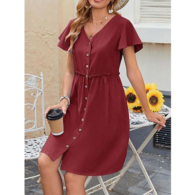 Women's Button Front Short Sleeve V Neck Dress Flowy Ruffle Hem Casual Dress
