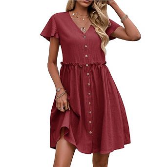 Women's Button Front Short Sleeve V Neck Dress Flowy Ruffle Hem Casual Dress