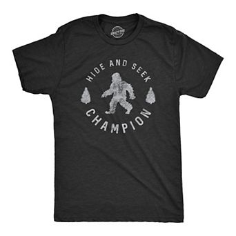 Mens Hide and Seek Champion T shirt Funny Bigfoot Tee Humor Cool Graphic Print