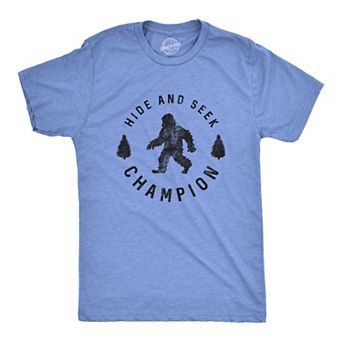 Mens Hide and Seek Champion T shirt Funny Bigfoot Tee Humor Cool Graphic Print