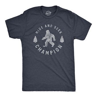 Mens Hide and Seek Champion T shirt Funny Bigfoot Tee Humor Cool Graphic Print