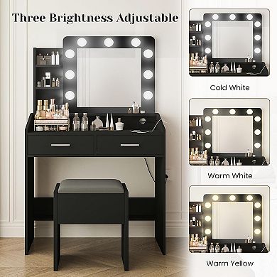 Small Vanity Desk Set: LED Mirror, 3 Light Modes, Power Outlet, 2 Drawers Stool