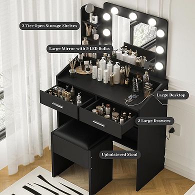 Small Vanity Desk Set: LED Mirror, 3 Light Modes, Power Outlet, 2 Drawers Stool